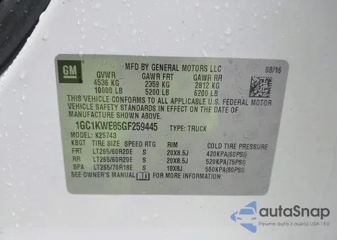 2016 Chevrolet Silverado 2500Hd Ltz z USA, uszkodzony, nr VIN 1GC1KWE85GF259445